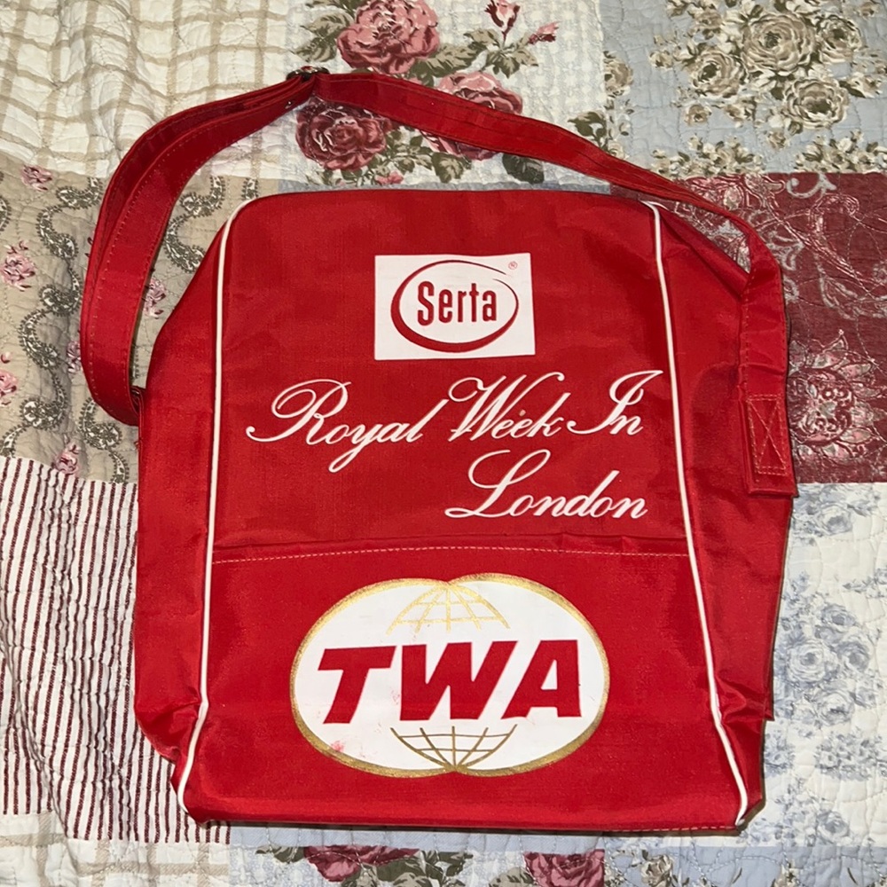 Vintage TWA red Serta Royal week London airline tote carry on bag